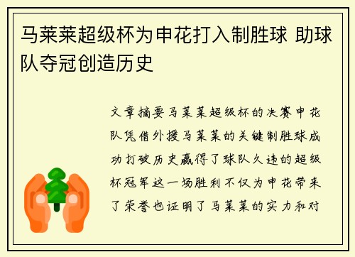 马莱莱超级杯为申花打入制胜球 助球队夺冠创造历史